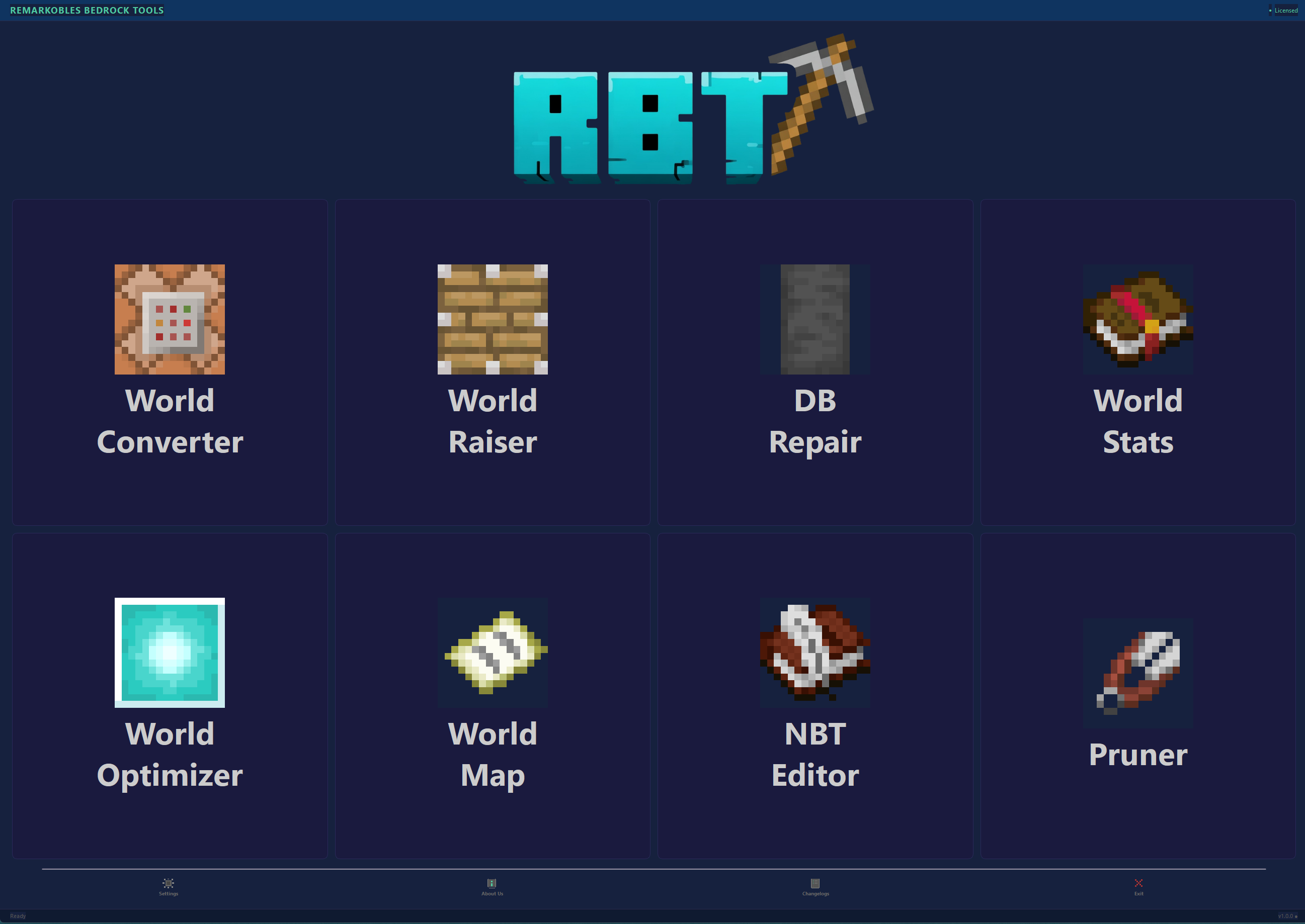 RBT home screen showing all 8 Bedrock tools